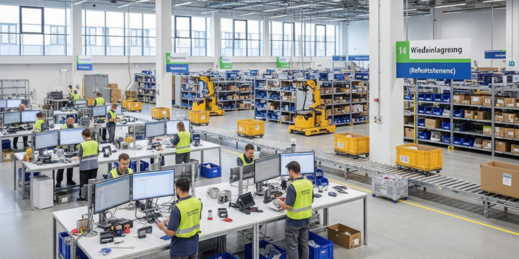 Employees in a modern logistics center process returns at inspection stations, surrounded by conveyor belts and shelves with processed goods, which represents the complexity of reverse logistics in everyday warehouse life